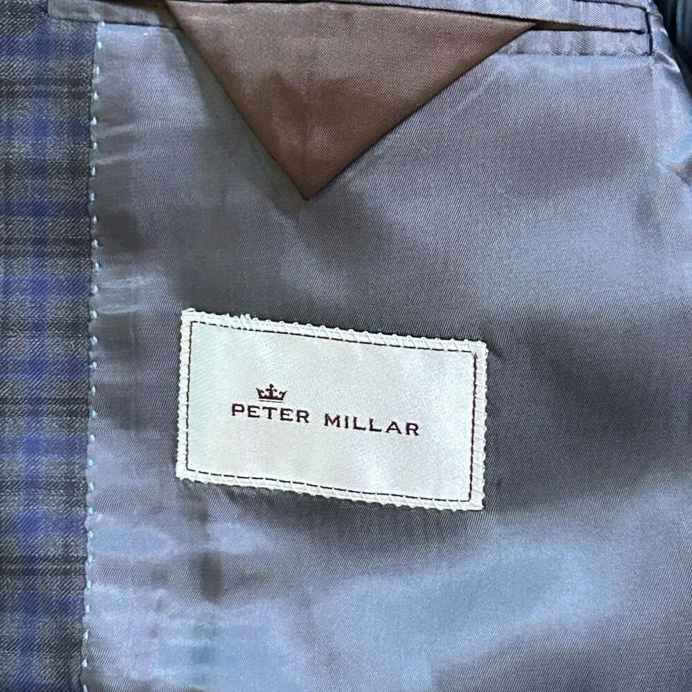 Peter Millar Men's Size 44R Navy Blue Windowpane Plaid Wool Blazer Suit Jacket